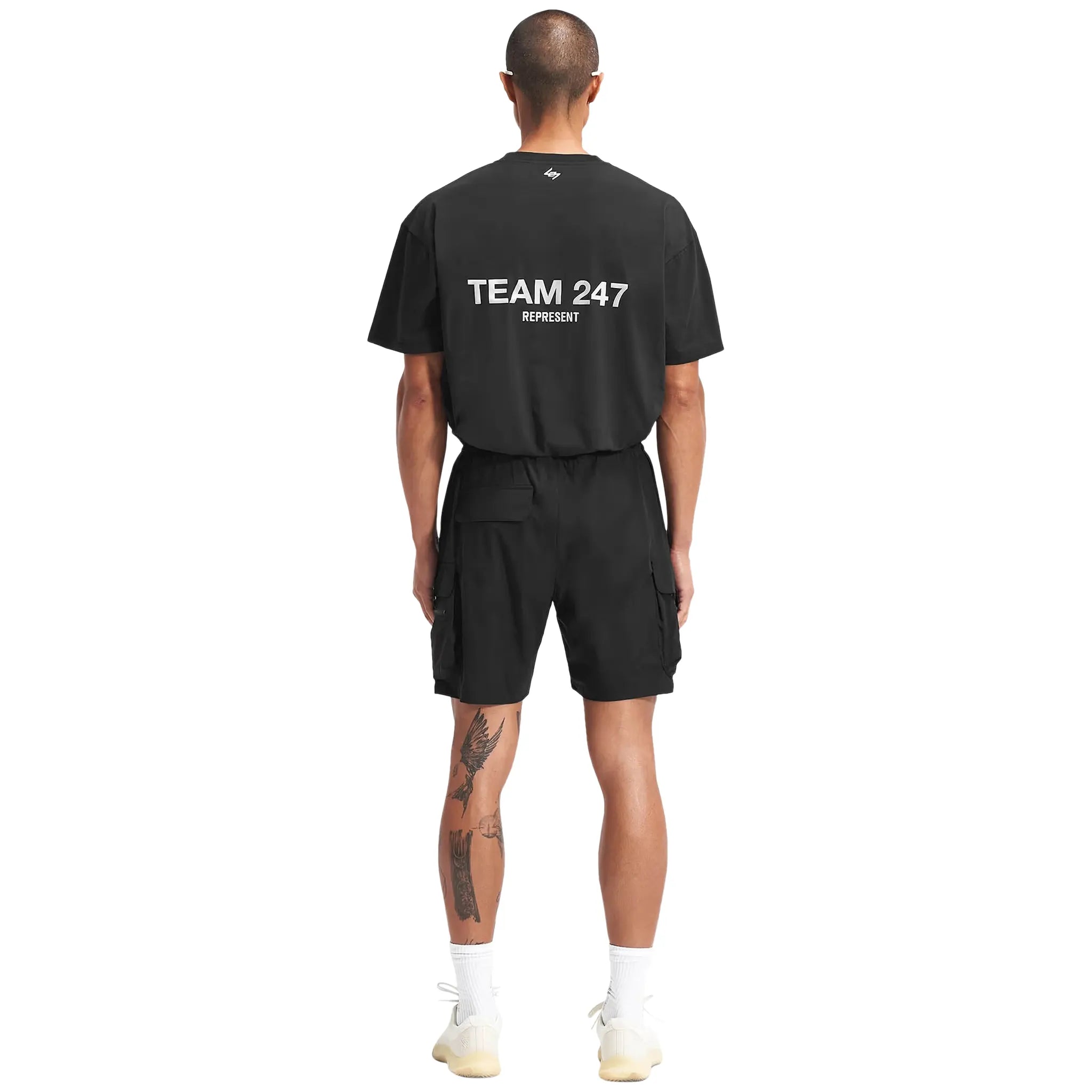 Model Back view of Represent 247 Black Shorts M09048-01